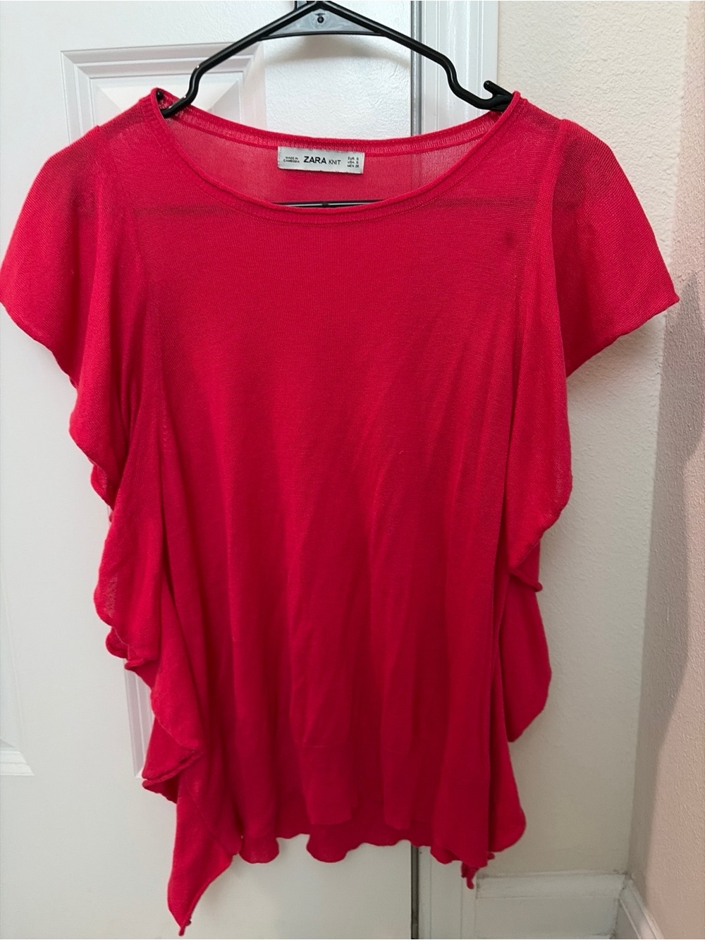 Zara Bright Red Short Sleeve Ruffle Knit Top